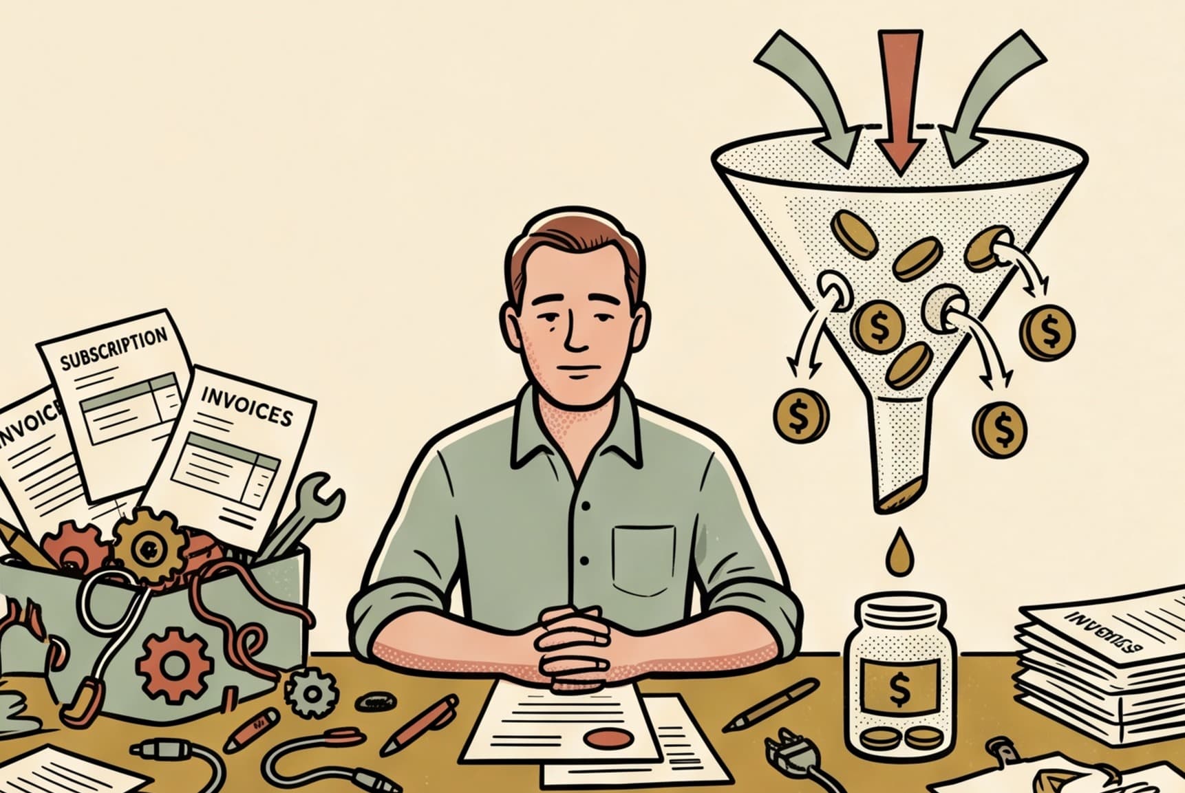 A man sits at a cluttered desk of invoices and tools beneath a funnel that leaks coins into a small jar.
