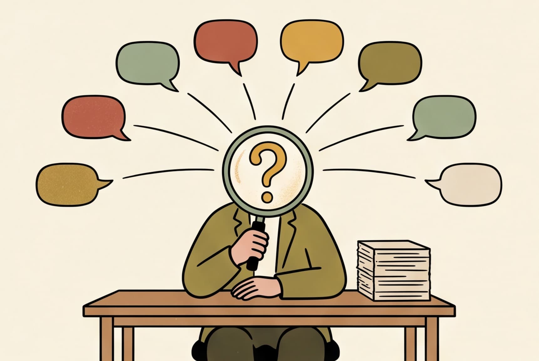 A seated figure holds a magnifying glass over a question mark, with speech bubbles fanning out around them.