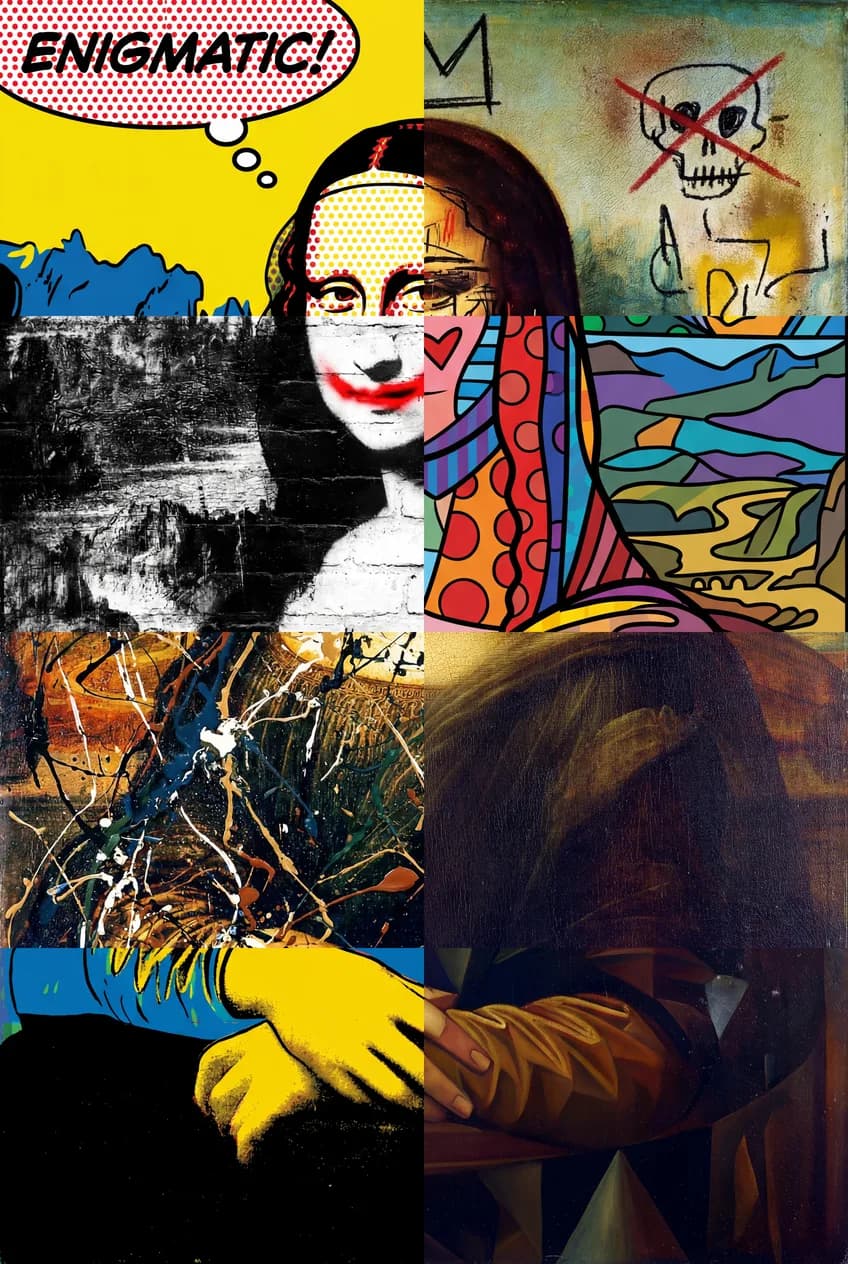 The Mona Lisa painted by eight different artists, each section a different style, together incoherent