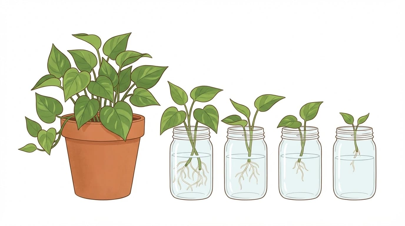 One parent plant in a pot with smaller cuttings growing in glass jars, the propagation method