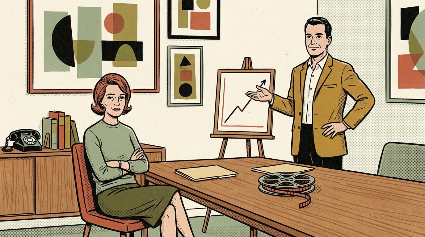A marketing agency presents a rising chart to a skeptical, arms-crossed client, with only a thin folder and a film reel delivered.