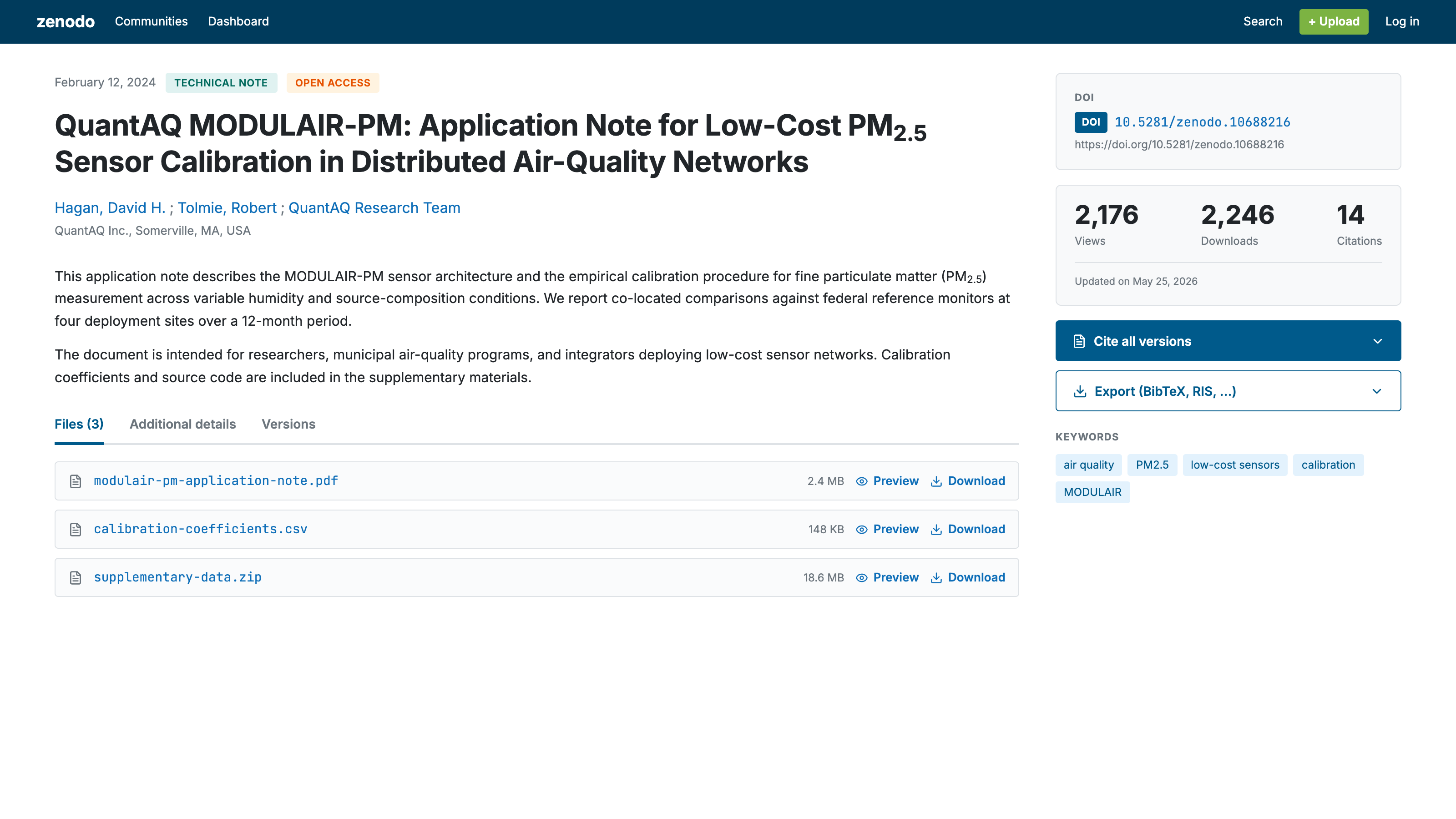 Zenodo landing page for a commercial deposit (e.g., QuantAQ product application note) showing the DOI, BibTeX download button, and view/download counts
