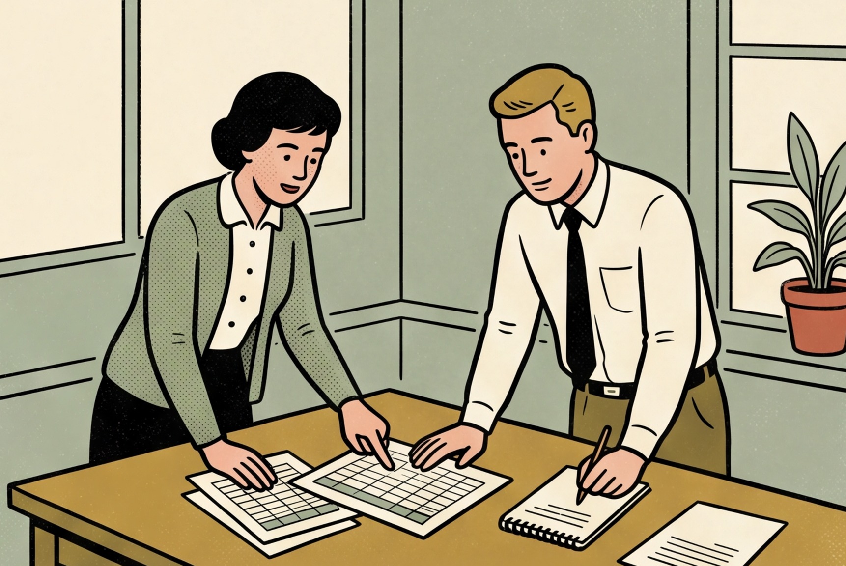 Two colleagues stand at a whiteboard-free office table, reviewing printed spreadsheets together, one