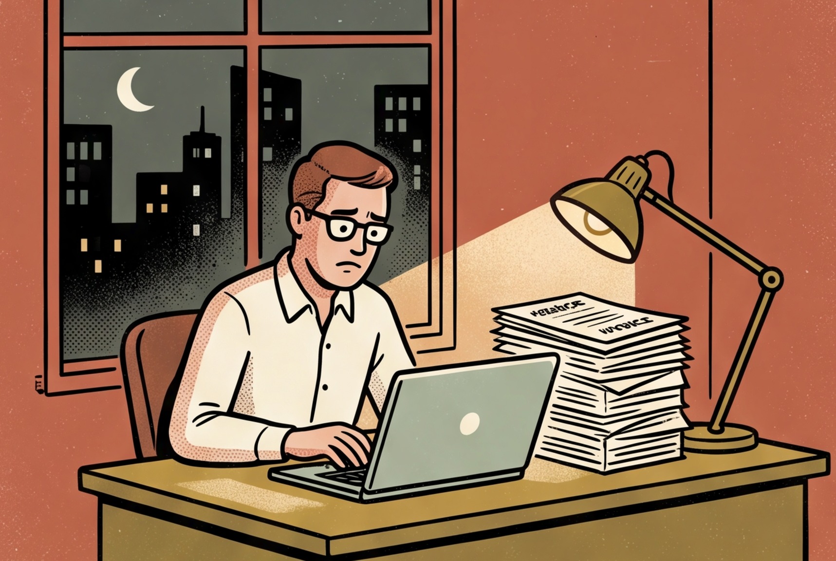 A marketing manager sits alone at a desk late in the day, frowning at a laptop while sorting through