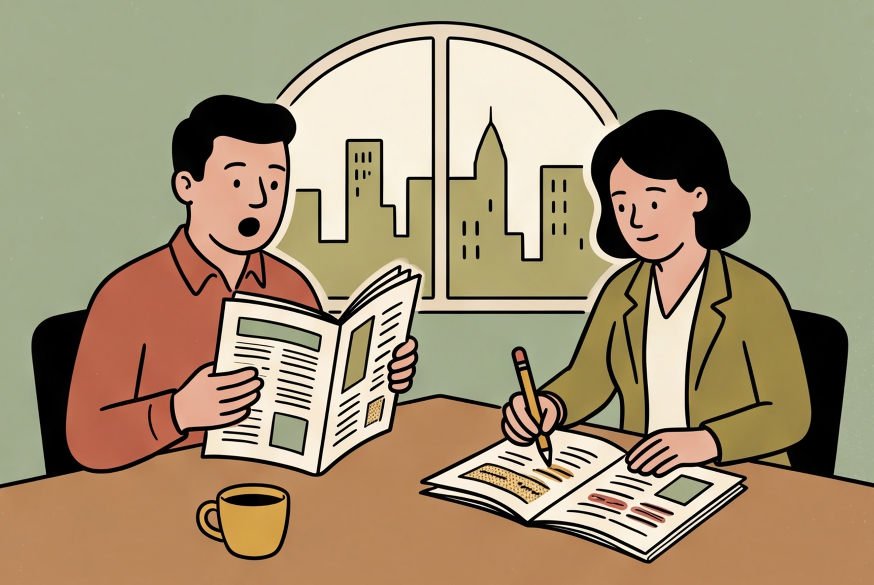 Two editors seated across a table, one reading a printed page aloud while the other marks passages w