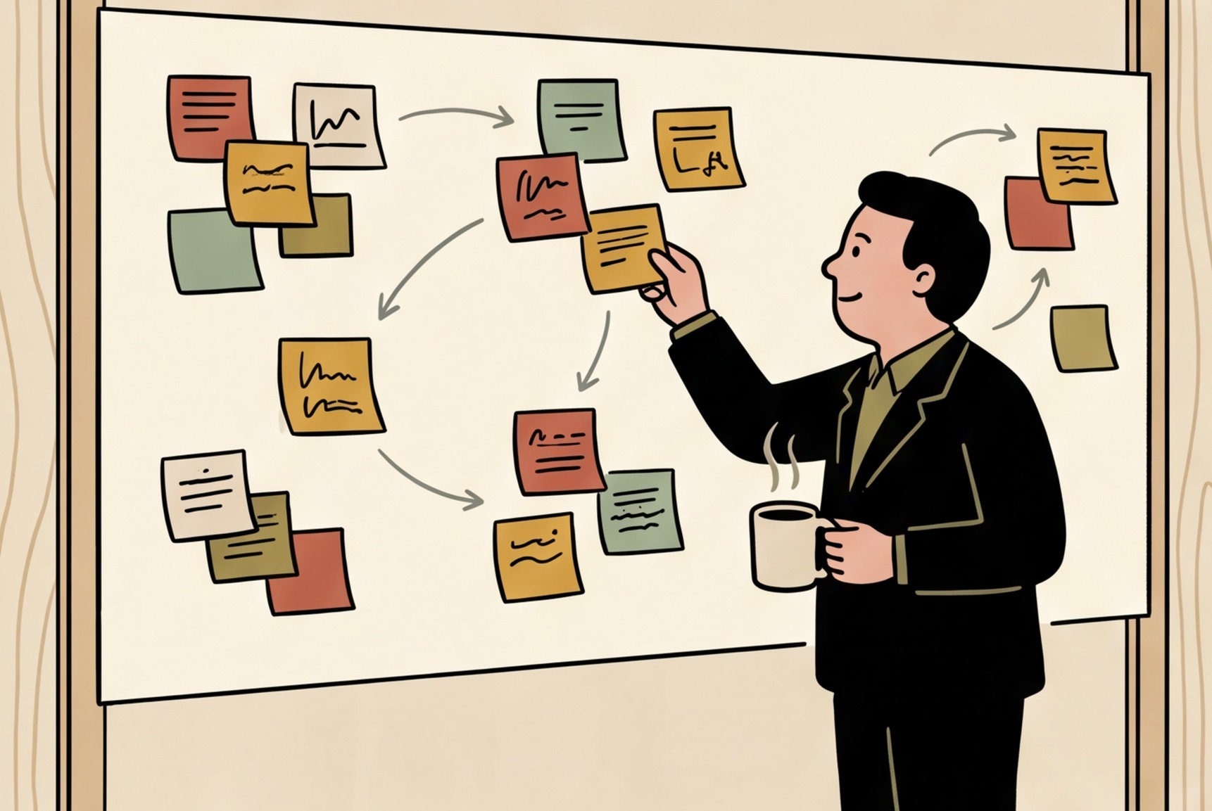 A strategist alone at a wall of sticky notes, sorting them into groups while holding a coffee mug.