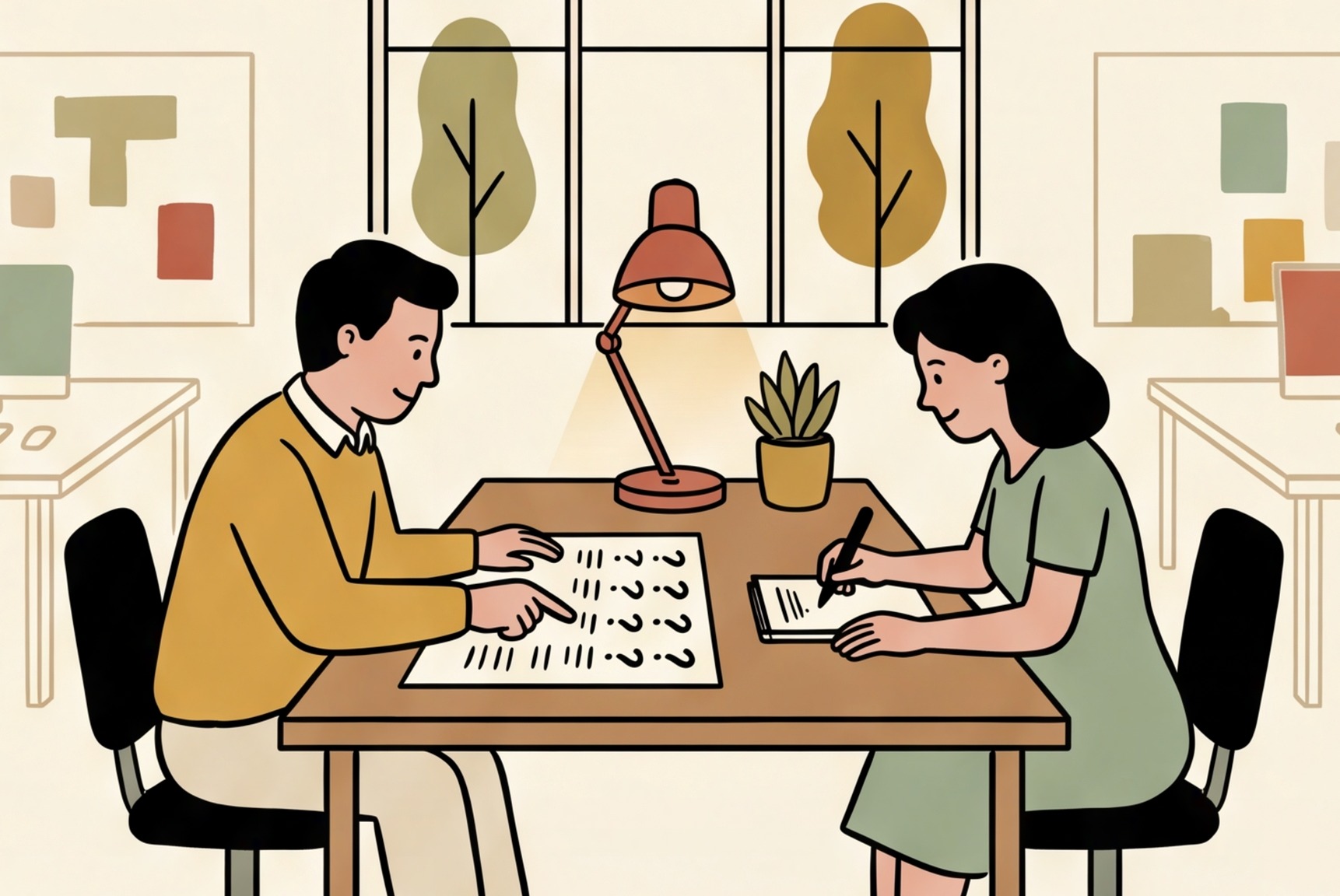 Two colleagues at a shared desk reviewing a printed list of questions, one pointing while the other 