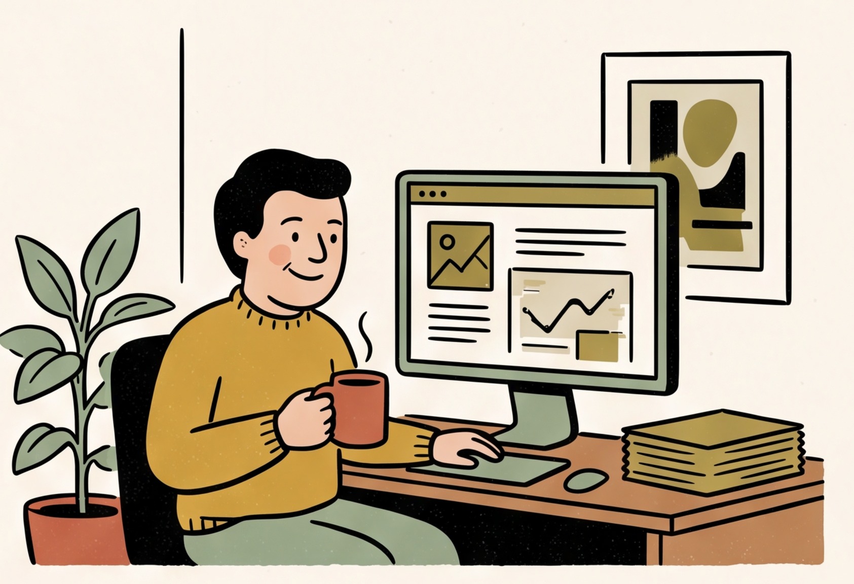 A content strategist reviews a weekly routine at a tidy desk, holding a coffee mug and looking at a