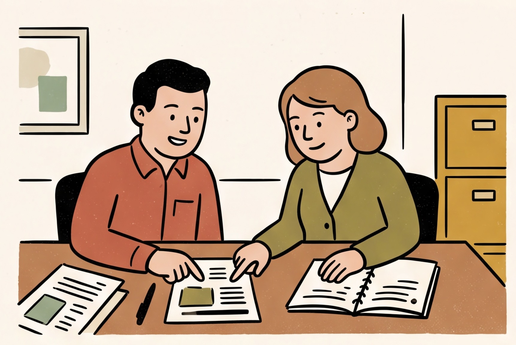 Two colleagues at a shared table compare printed pages and notebooks, pointing at mismatched details