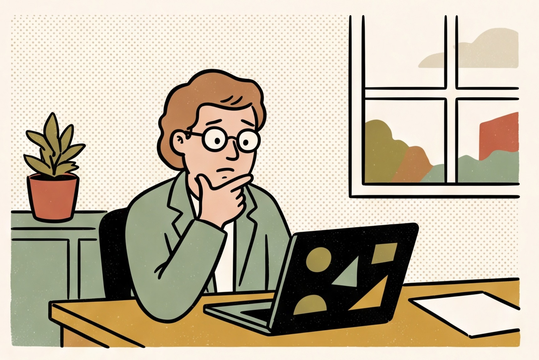 A marketing manager sits alone at a desk, studying a laptop with a thoughtful, slightly puzzled expr