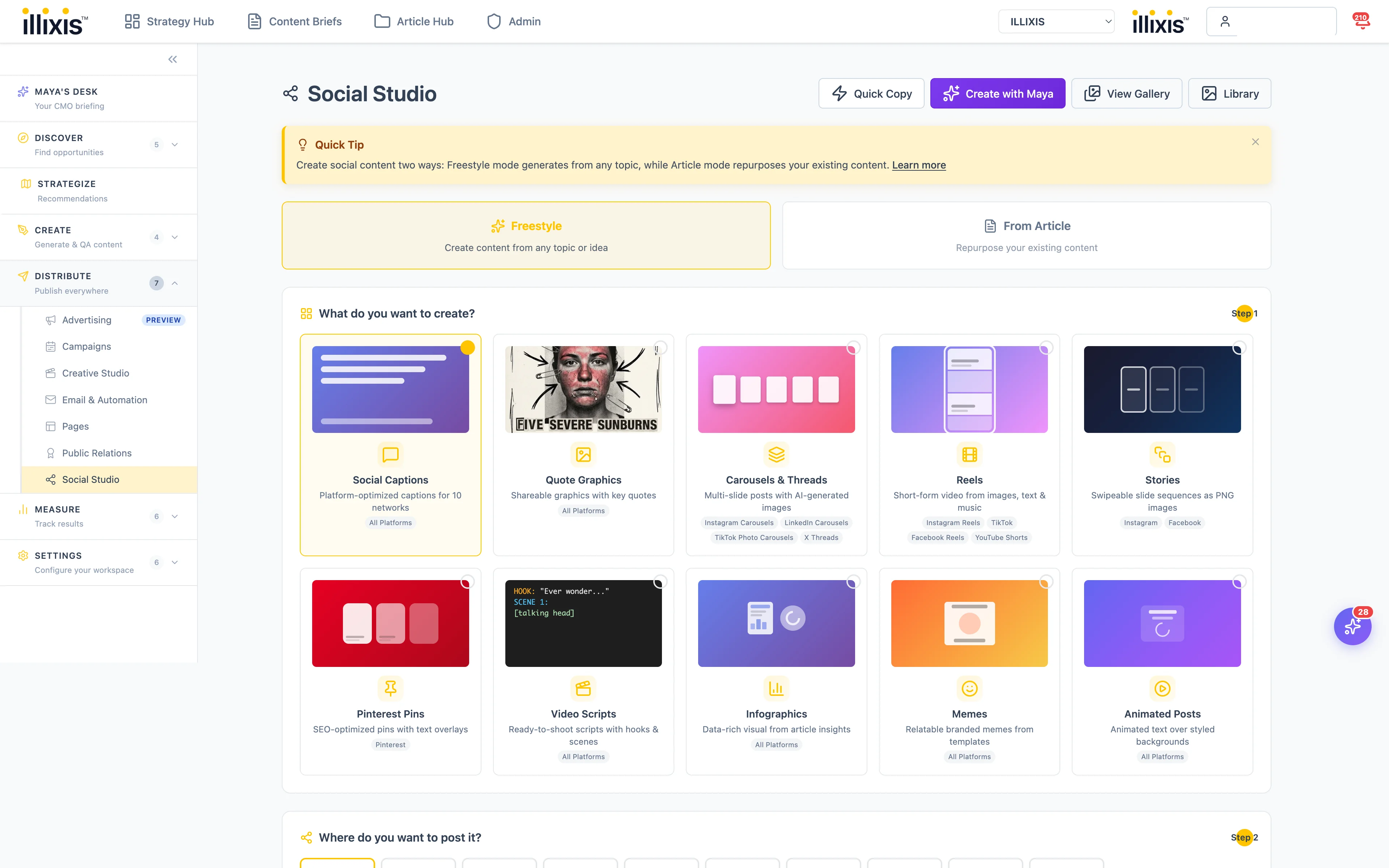 Social Studio showing ten content format cards: social captions, quote graphics, carousels and threads, reels, stories, Pinterest pins, video scripts, infographics, memes, animated posts. Ten platform buttons below.